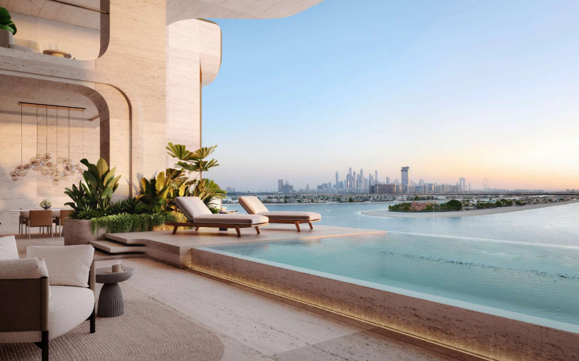 Terrazza con piscina affacciata sulla Palm Jumeirah e sullo skyline di Dubai Marina